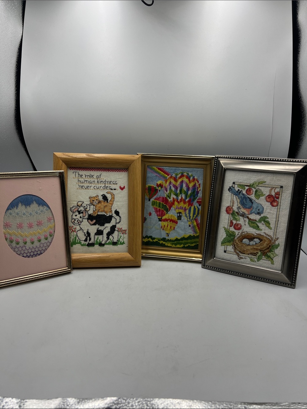 Set of 4 Framed Cross-Stitch Art balloons hot air birds nest cow cat egg z6